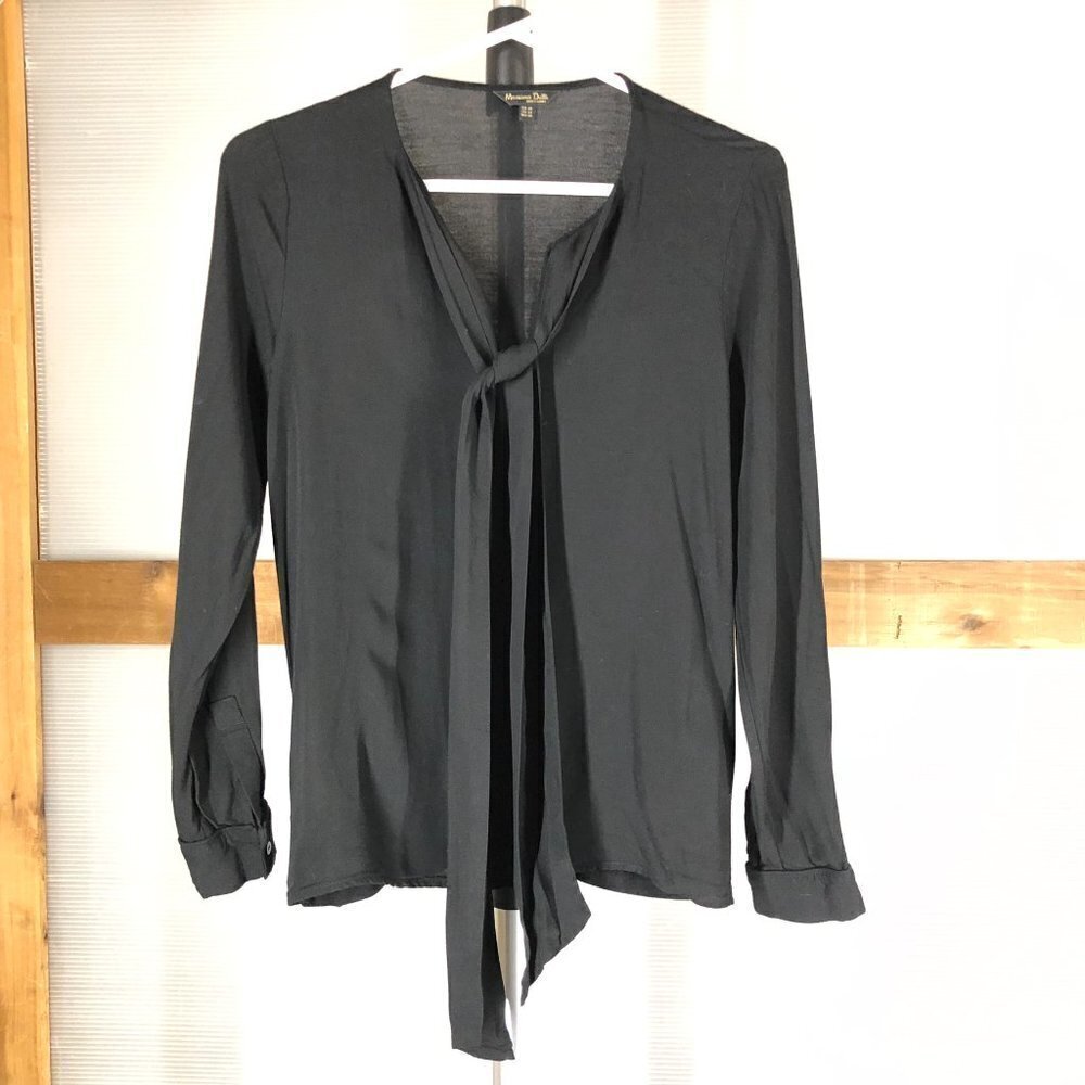 MASSIMO DUTTI Black Front Tie Long Sleeve Blouse Sz XS